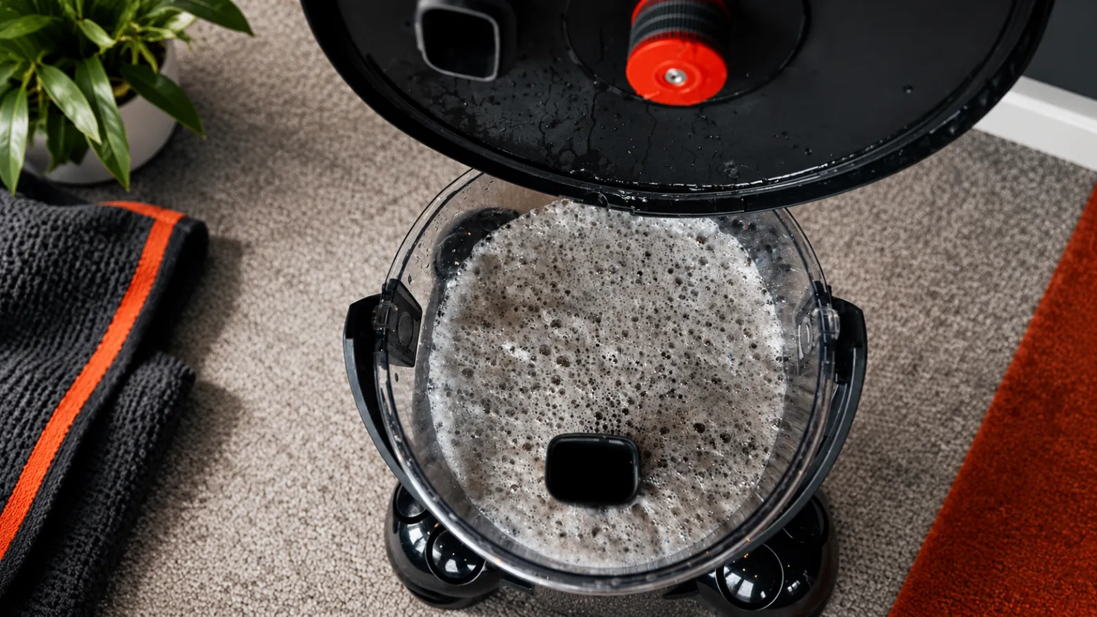 Geöffneter HYLA Wasserbehälter mit gebundenem Staub nach dem Saugen